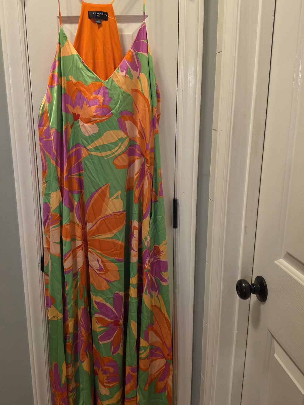 Tahari Green Floral Maxi Dress with Orange & Purple Accents